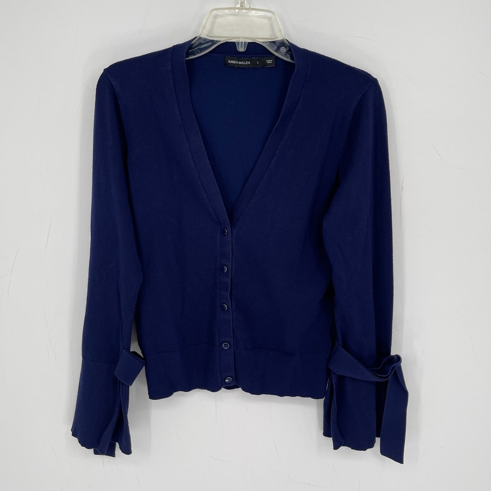 Karen Millen Women's Navy Tie Cuff Snap Button Front Cardigan Sweater Size L